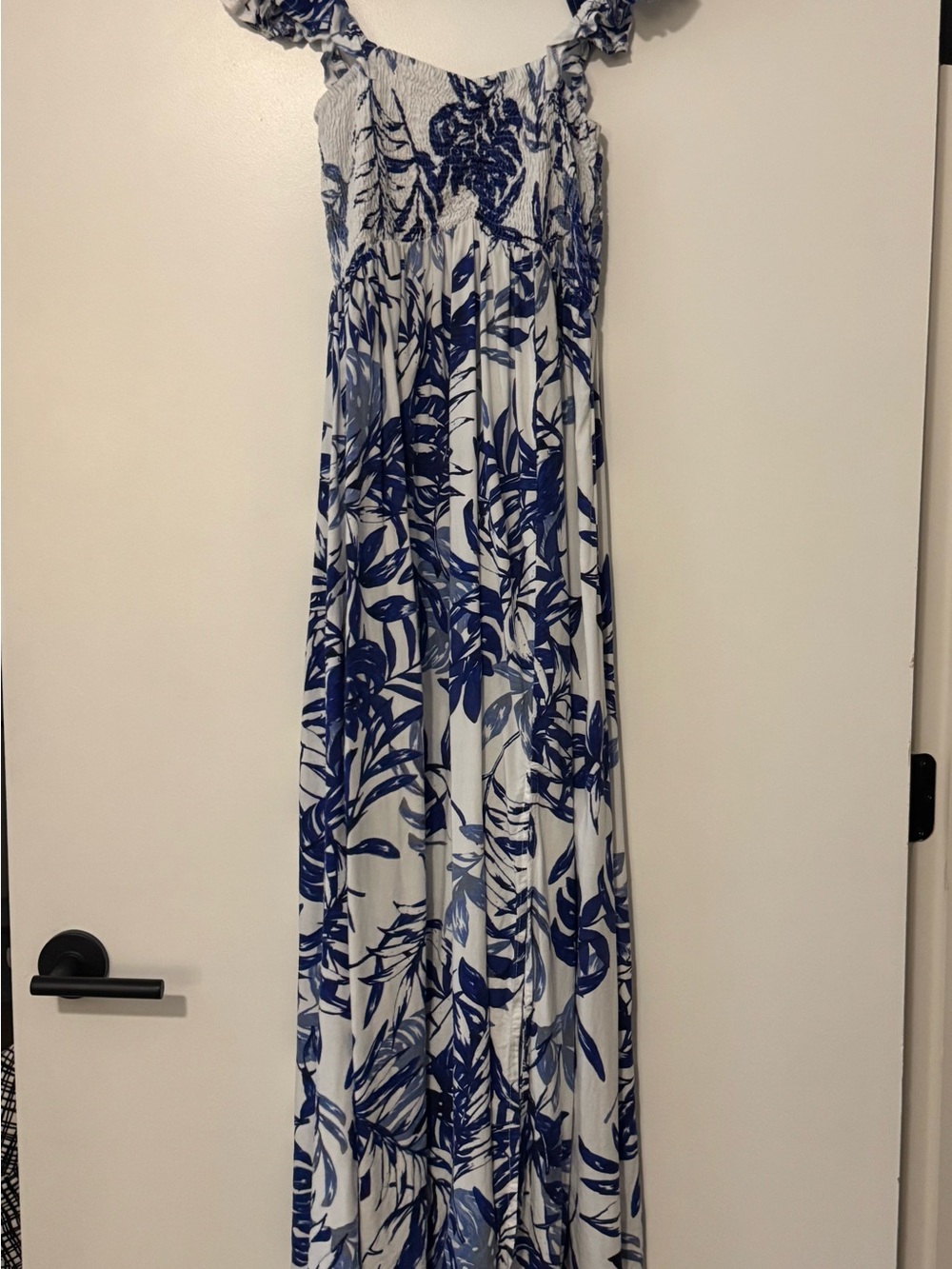 BOHO ME Blue and White Floral Maxi Jumpsuit with Smocked Bodice size L